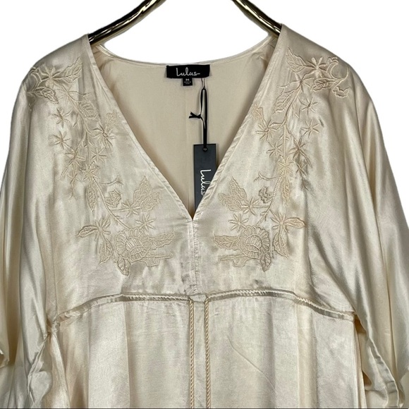 LULUS THESE WORDS LIGHT BEIGE SATIN KIMONO SLEEVE DRAWSTRING EMBROIDERED DRESS - Picture 6 of 16